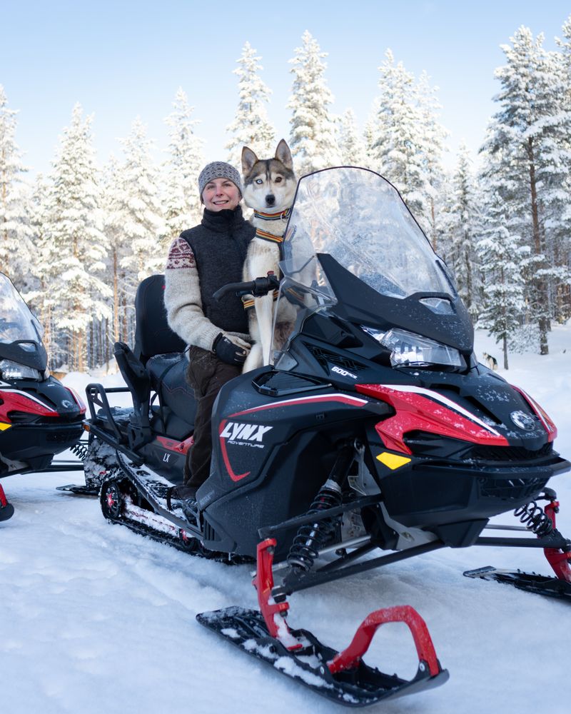 Lachende vrouw op een sneeuwscooter met een husky voor zich, in een besneeuwd bos onder een blauwe lucht