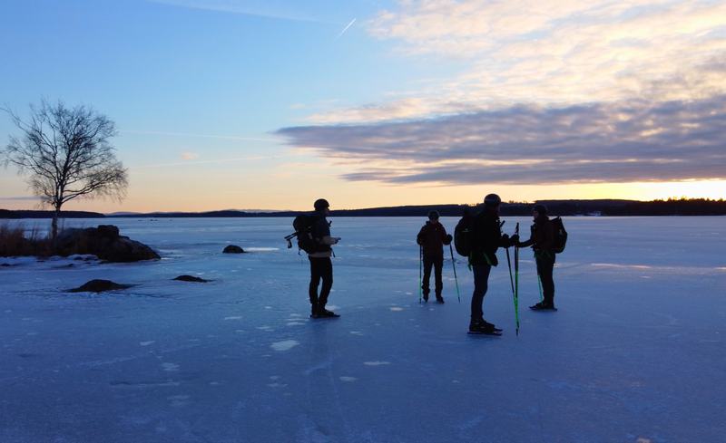 Vier schaatsers met stokken en rugzakken staan als silhouet op het ijs bij zonsondergang, links een kale boom op een rotseilandje