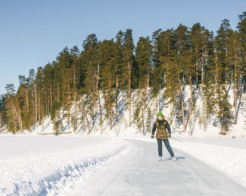 Schaatser op de baan langs het besneeuwde dennenbos bij Punkaharju