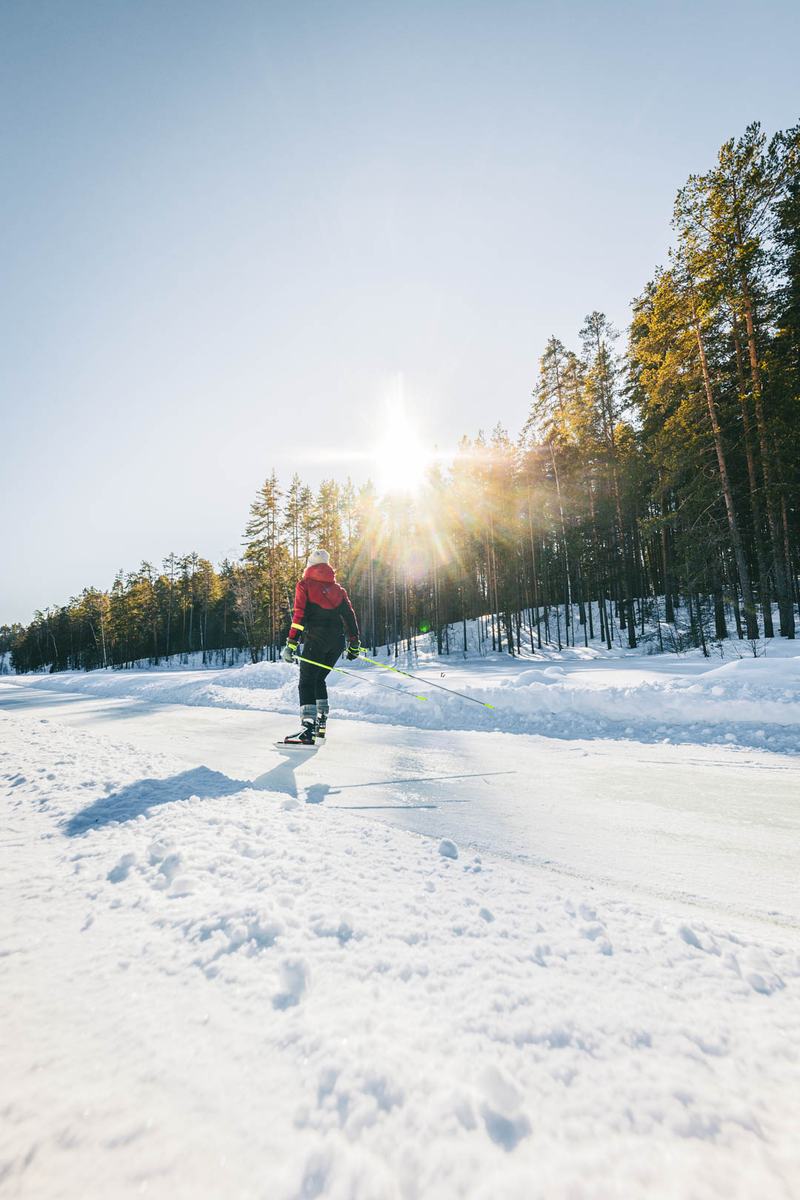 Een schaatser met stokken op een baan op een besneeuwd meer, in tegenlicht van de laagstaande zon achter dennenbomen